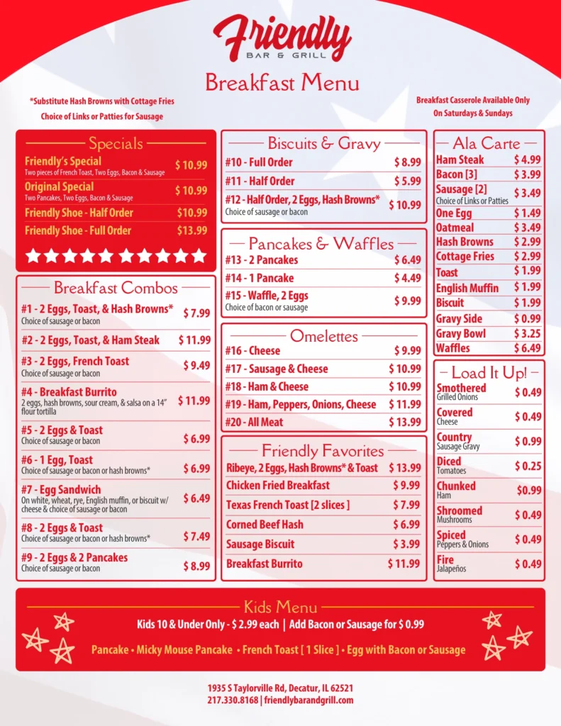 friendly bar and grill breakfast menu